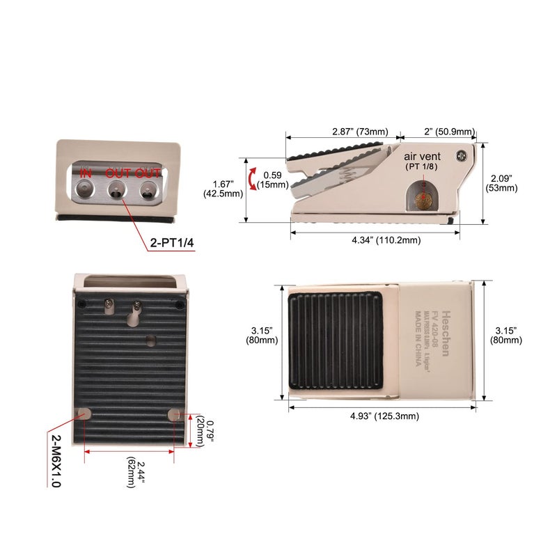 Heschen Pneumatic Foot Pedal Valve, FV-420, Momentary Type, 4 Way 2 Position, PT1/4'' Threaded, Rubber Nonslip - Image 5